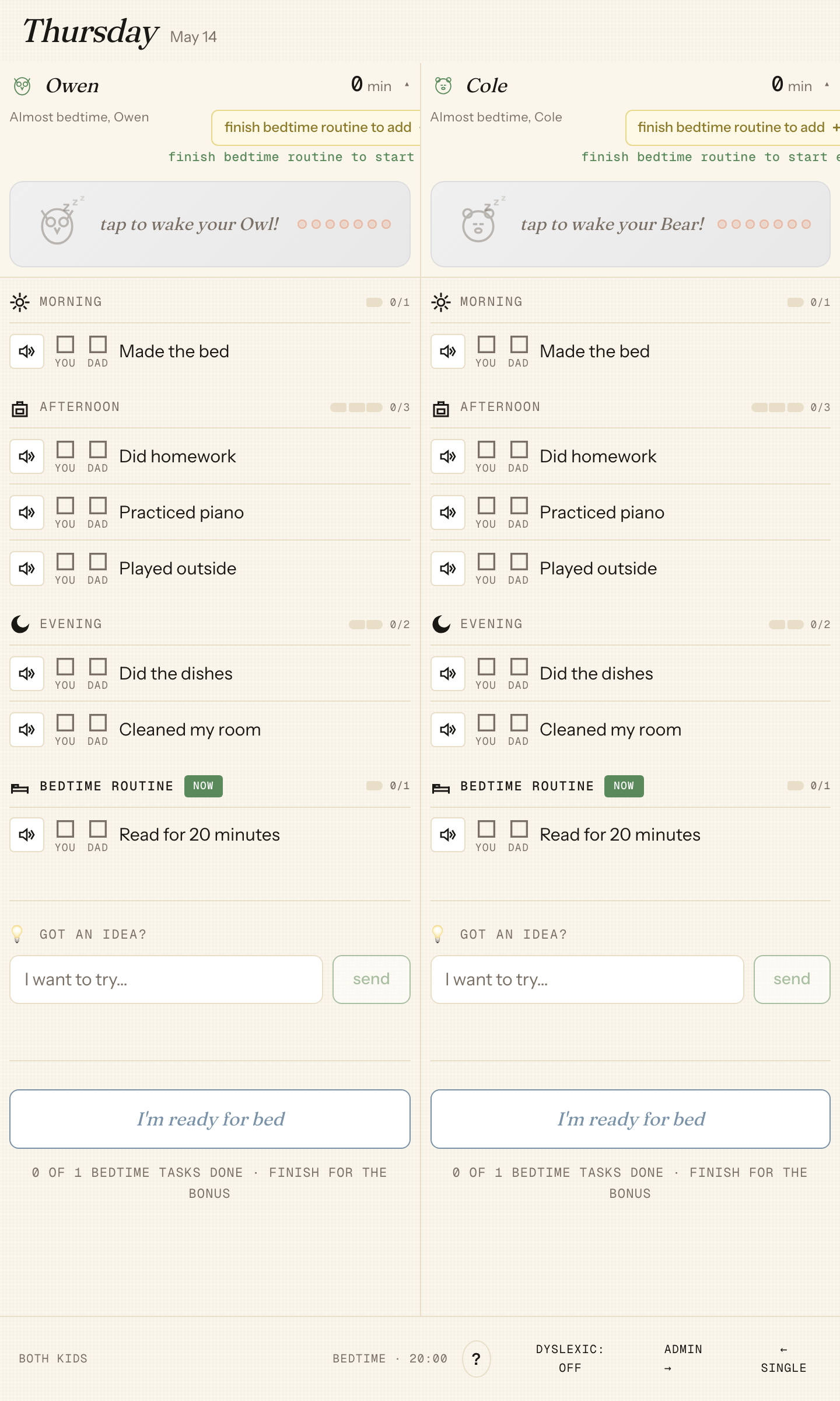The Woodwards' kiosk wall showing Thursday's chores, screen-time balances, and bedtime routines side-by-side for Owen and Cole.